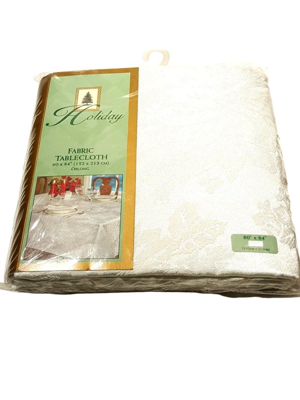 Holiday Fabric Tablecloth 60 x 84 White Poinsettia Jacquard Cotton Blend NOS